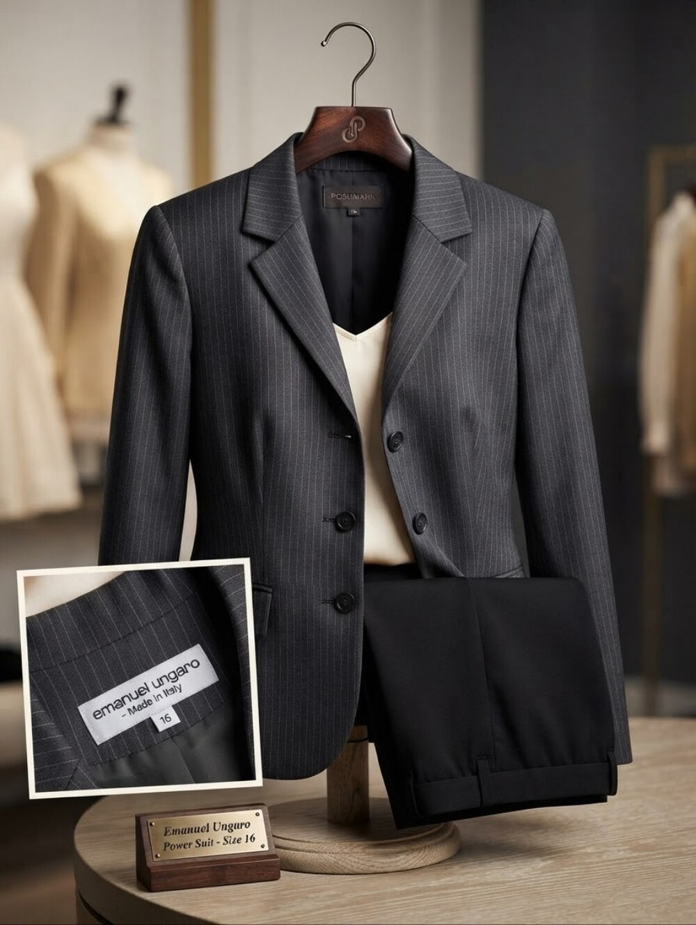 NWT Emanuel Ungaro Charcoal Gray Pinstripe Wool-Blend Blazer Jacket
